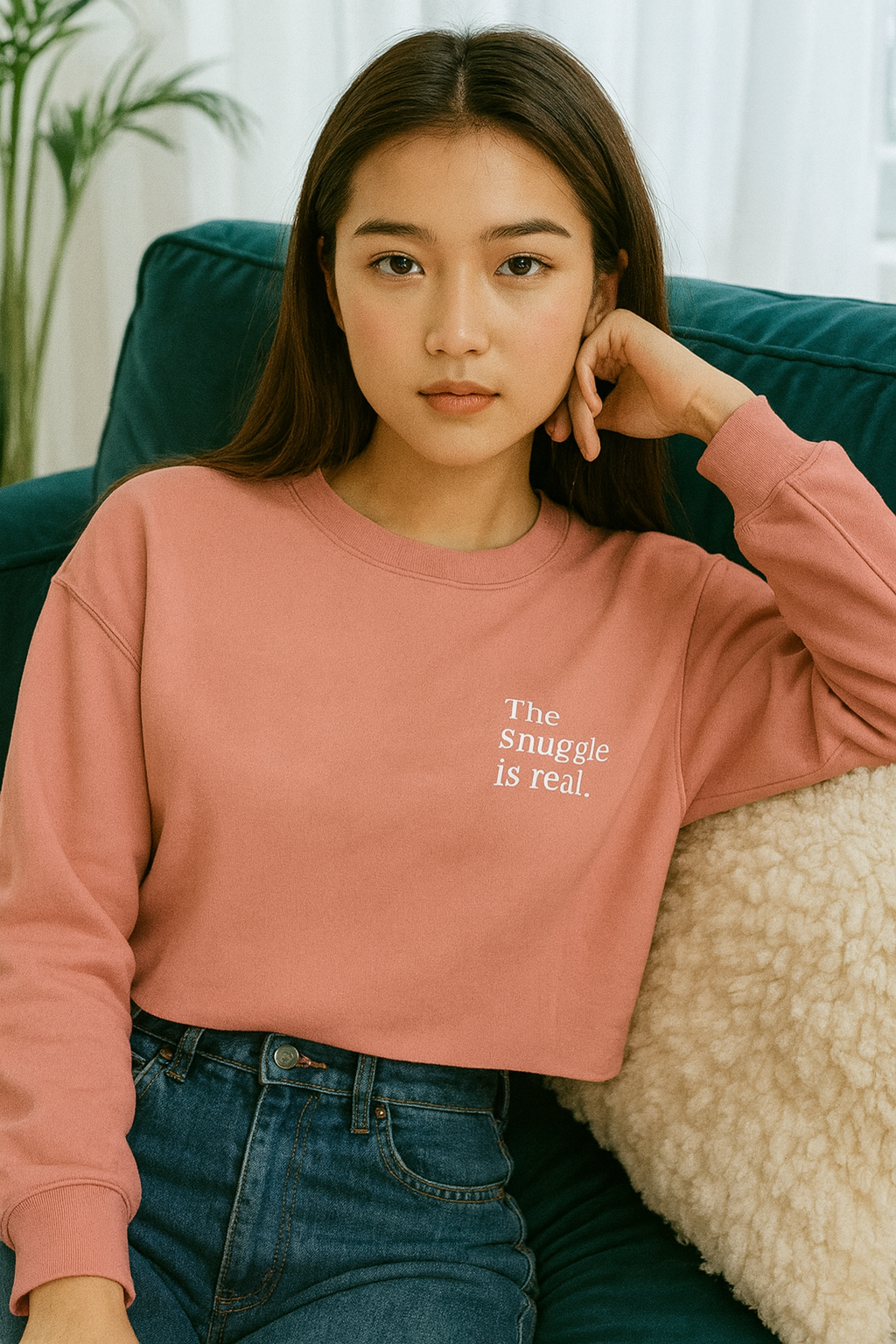 The Snuggle Is Real – Embroidered Cropped Sweatshirt. Built for Couch Commitment.